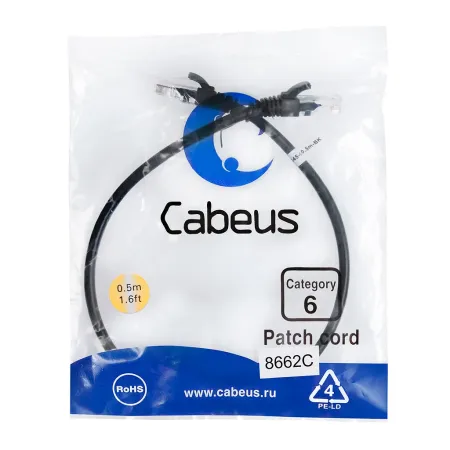 Патч-корд U/UTP Cabeus PC-UTP-RJ45-Cat.6-0.5m-BK, черный, PVC, 0.5м (8662c)