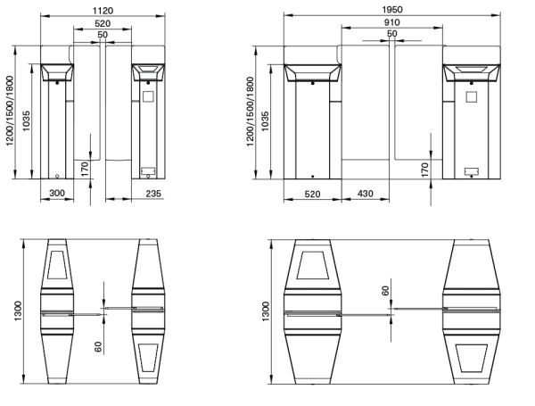 Раздвижной турникет Magnetic MPH 520 мм, с высокими створками 1200 мм
