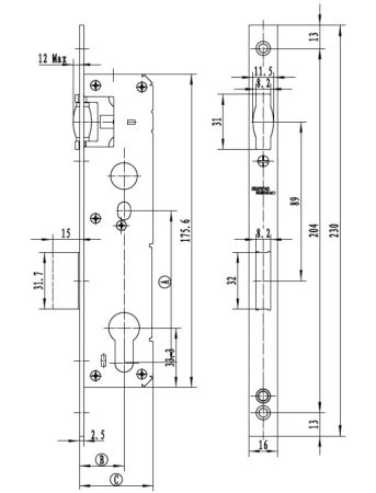 Механический замок узкопрофильный dormakaba 860 85/25/8 F=16 для ПВХ дверей