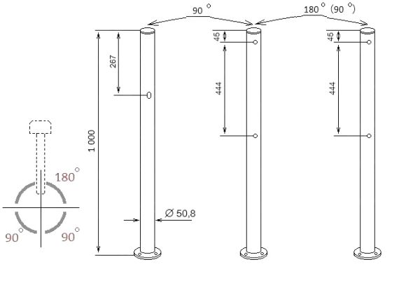 Трехсторонняя стойка с отверстием для фиксатора створки и 6 отверстиями (90 и 180град.) ASP-D50,8-09 из нержавеющей стали AISI304