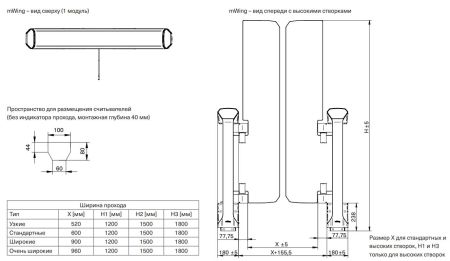 Распашной двухпроходной турникет Magnetic mWing с закаленными створками 900 мм