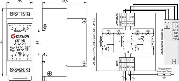 Устройство защиты интерфейсов с подачей питания Тахион УЗЛ-И2-5/5-48/5